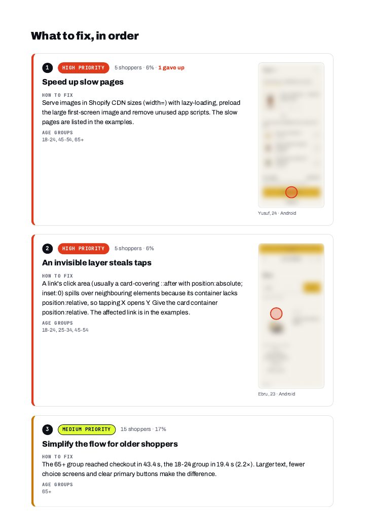 Sample report, page 2: What to fix, in order